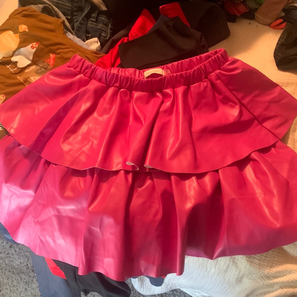 Pink double faux leather skirt - rhinestone cowgirl cute size l can fit xl